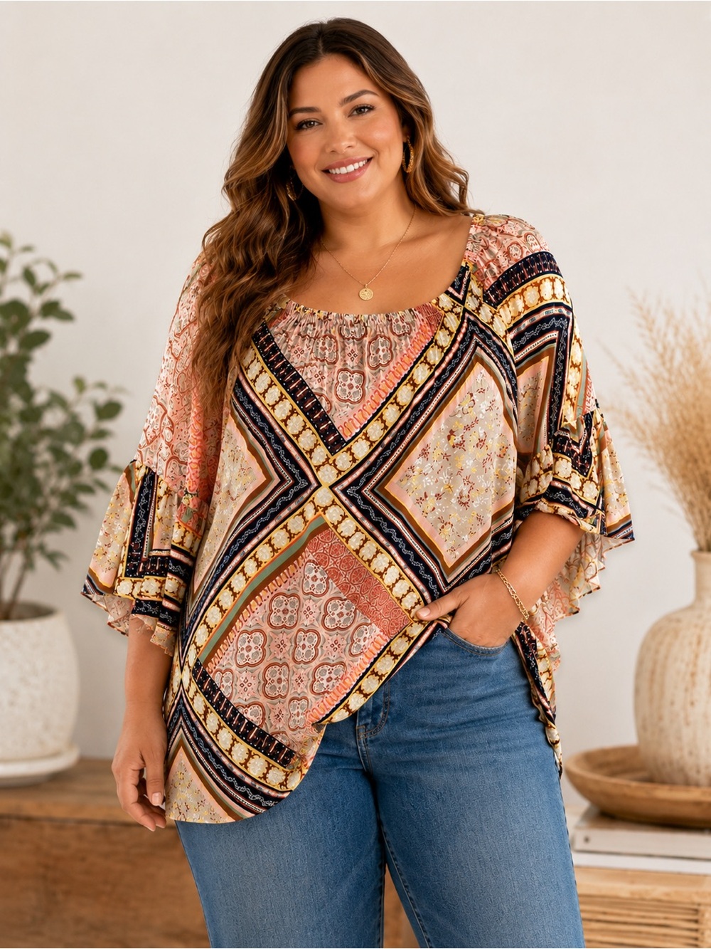 Boho Patchwork Peasant Blouse Flutter Sleeve XL | Cato - Picture 2 of 11